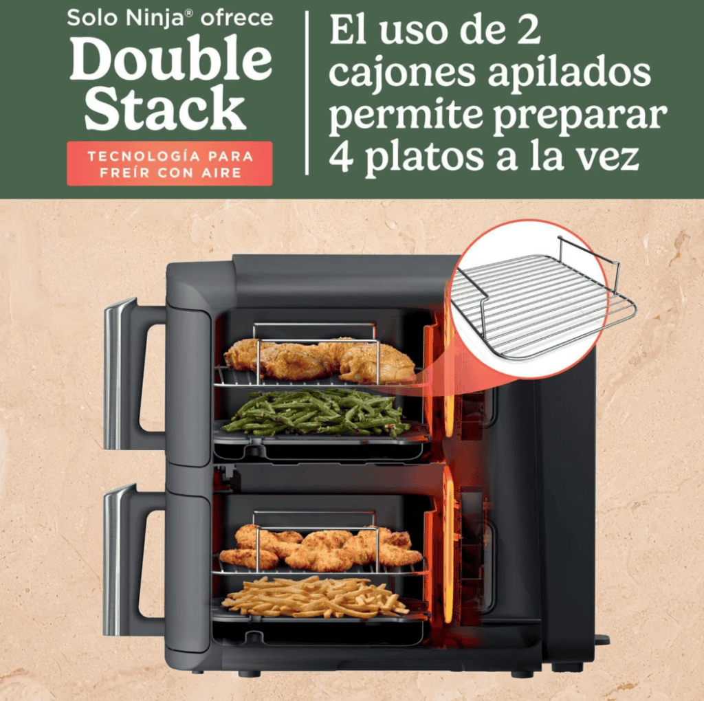 Ninja Double Stack XL 9,5L cocinando 4 platos a la vez