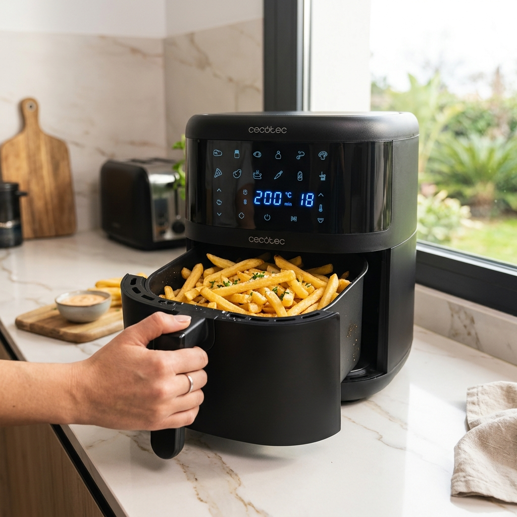 Freidora de aire cecotec haciendo una gran cantidad de patatas fritas crujientes con menos aceite
