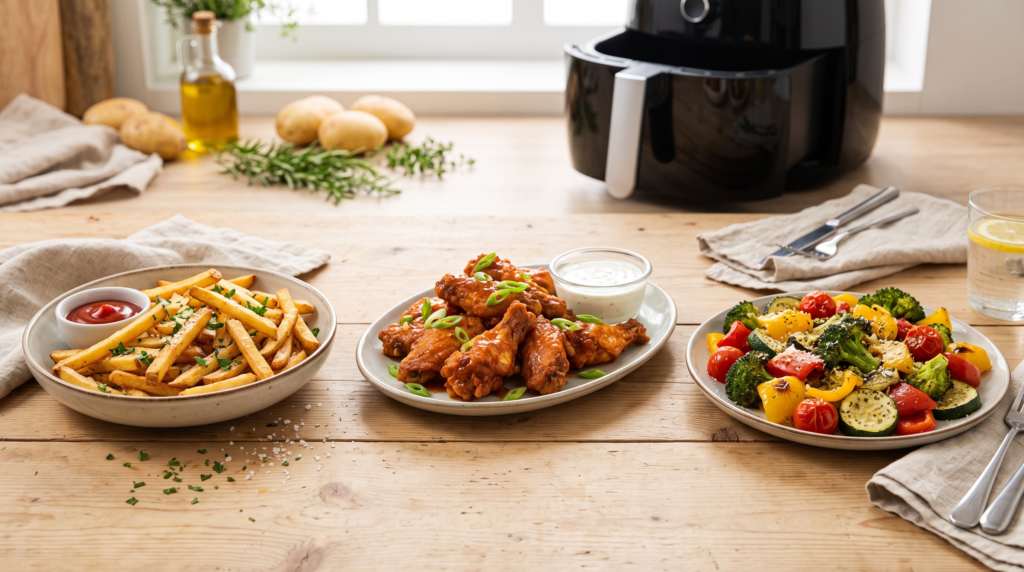 platos de Patatas fritas, muslitos de pollo y ensalada de verduras cocinados con air fryer