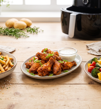 platos de Patatas fritas, muslitos de pollo y ensalada de verduras cocinados con air fryer