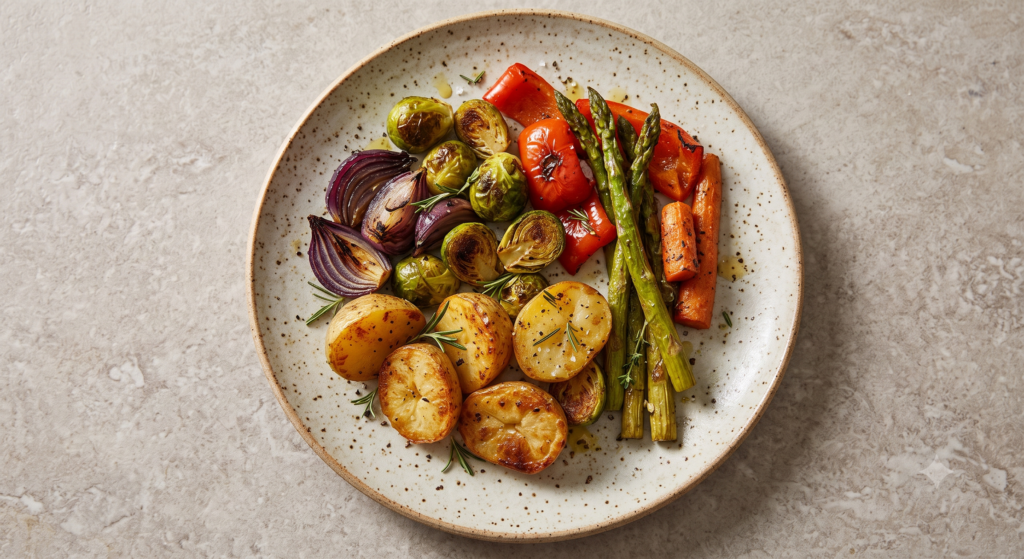 plato de verduras asadas. Con alcachofas, tomates, esparragos, zanahorias, cebollas y patatas en un mismo plato