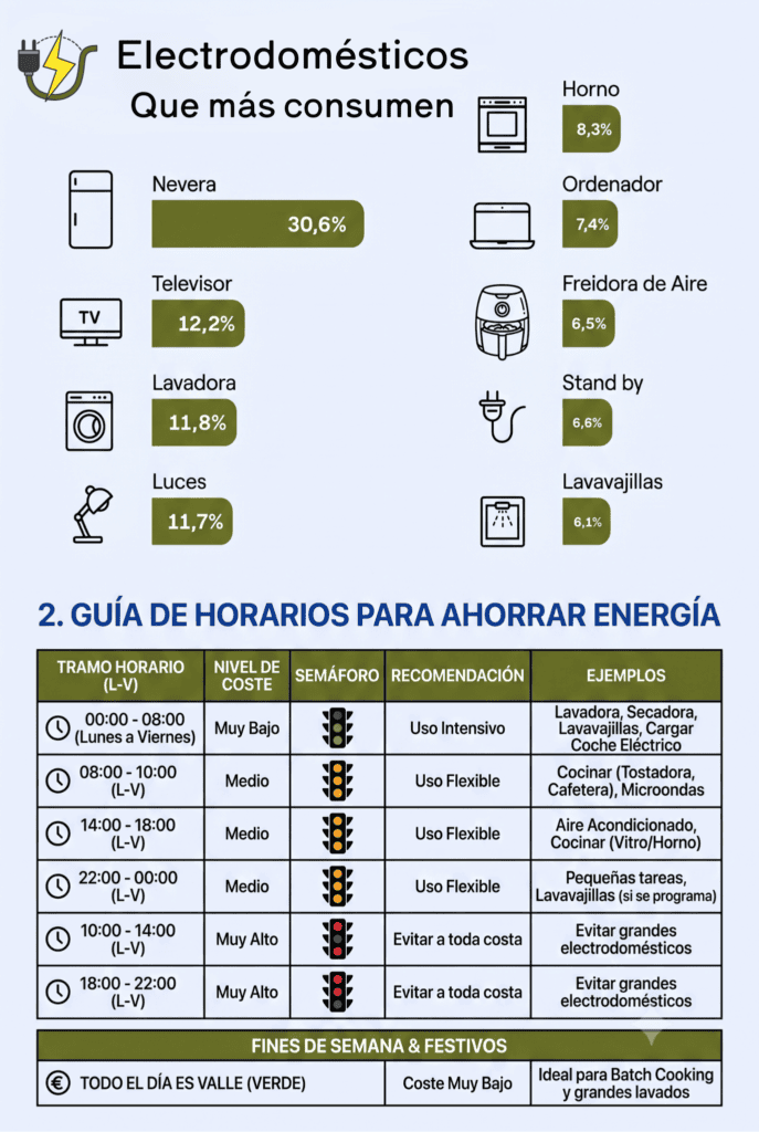 Esta es una infografía detallada en estilo de arte lineal. La primera sección, en la parte superior, tiene el título 'Electrodomésticos Que más consumen', con un icono de enchufe y rayo de energía. Utiliza gráficos de barras y iconos para mostrar el porcentaje de consumo energético de nueve electrodomésticos: Nevera al 30,6%, Horno al 8,3%, Televisor al 12,2%, Ordenador al 7,4%, Lavadora al 11,8%, Freidora de Aire al 6,5%, Stand by al 6,6%, Luces al 11,7%, y Lavavajillas al 6,1%. La segunda sección más grande de abajo se titula '2. GUÍA DE HORARIOS PARA AHORRAR ENERGÍA'. Una tabla detallada explica los tramos de coste de la electricidad en España: Tramo Horario (L-V), Nivel de Coste, y Semáforo. Los tramos de coste muy bajo/luz verde son 00:00 - 08:00, con recomendación de uso intensivo para lavadoras y secadoras. Los tramos de coste medio/luz amarilla son 08:00 - 10:00, 14:00 - 18:00, y 22:00 - 00:00, para uso flexible. Los tramos de coste muy alto/luz roja son 10:00 - 14:00 y 18:00 - 22:00, con recomendación de evitar grandes electrodomésticos. Una pancarta final en la parte inferior para 'FINES DE SEMANA & FESTIVOS' con un icono de euro dice: 'TODO EL DÍA ES VALLE (VERDE)' a coste muy bajo, 'Ideal para Batch Cooking y grandes lavados'.