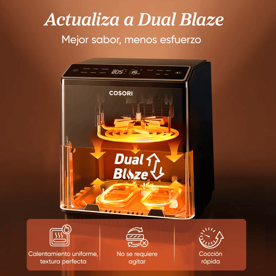 Cosori Dual Blaze 6,4 L mostrando las funciones del dual blaze