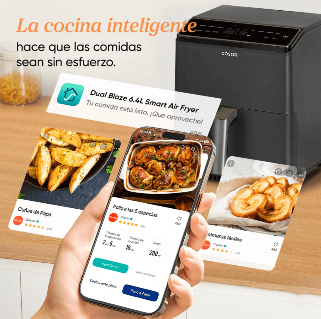 Cosori Dual Blaze 6,4 L mostrando las funciones wifi del telefono