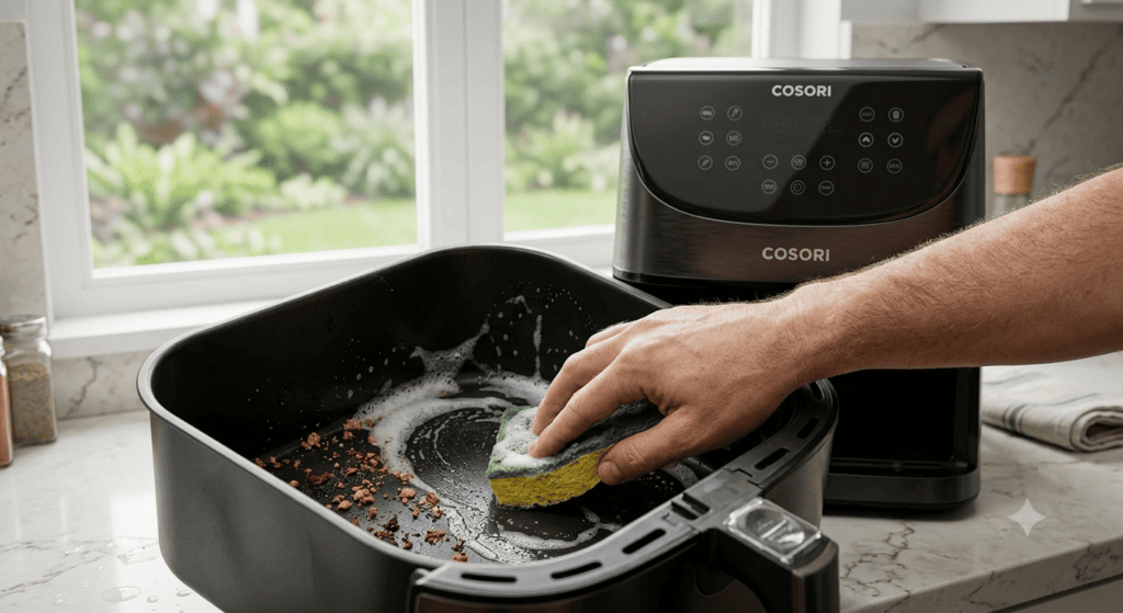 Limpiando a mano con una esponja suave la freidora de aire Cosori Premium II Chef Edition, Capacidad 6.2l