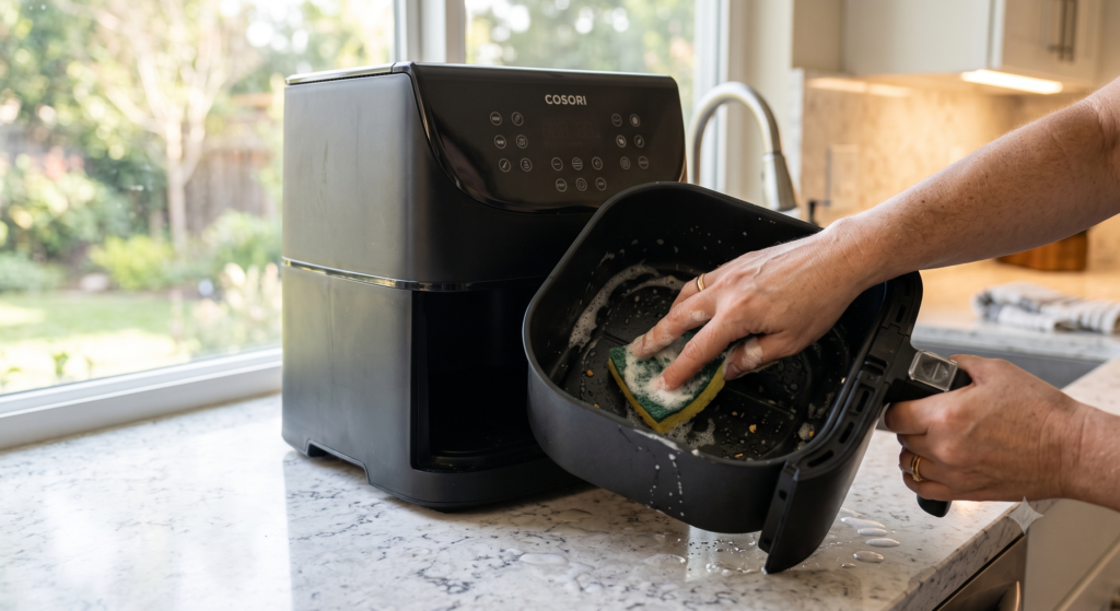 Limpiando con una esponja suave la freidora de aire Cosori Dual Blaze 6,4 L