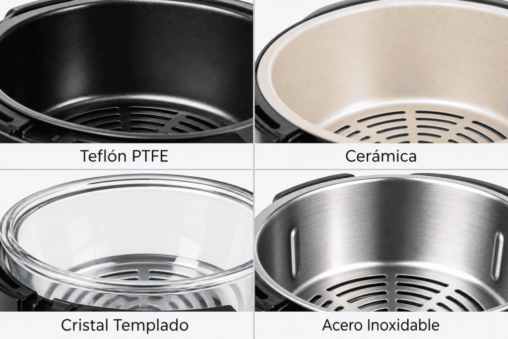 diferencias entre teflón, cerámica, vidrio y acero en las freidoras de aire